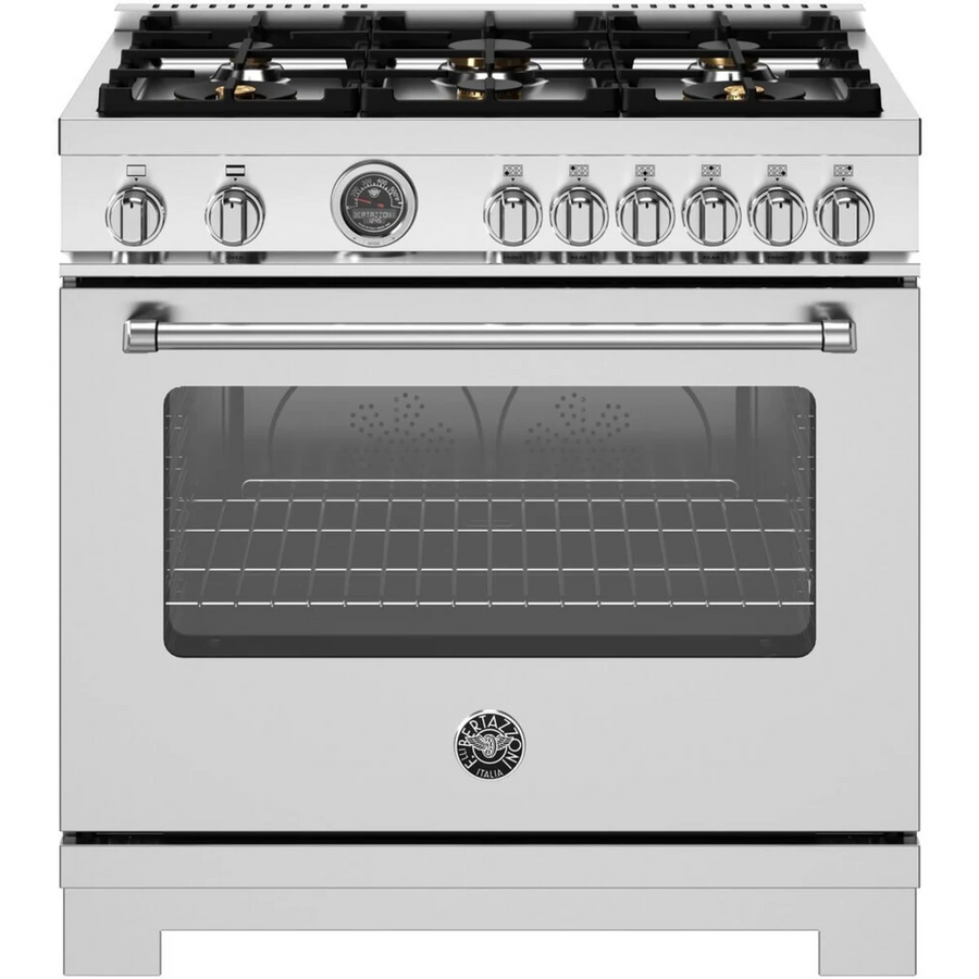 Bertazzoni 36 Inch Freestanding Gas Range with 6 Sealed Burners, European Convection Oven, Elegant Temperature Gauge, and 19000 BTU Power Burner MAS366BCFGMXT - Scratch & Dent (Minor)