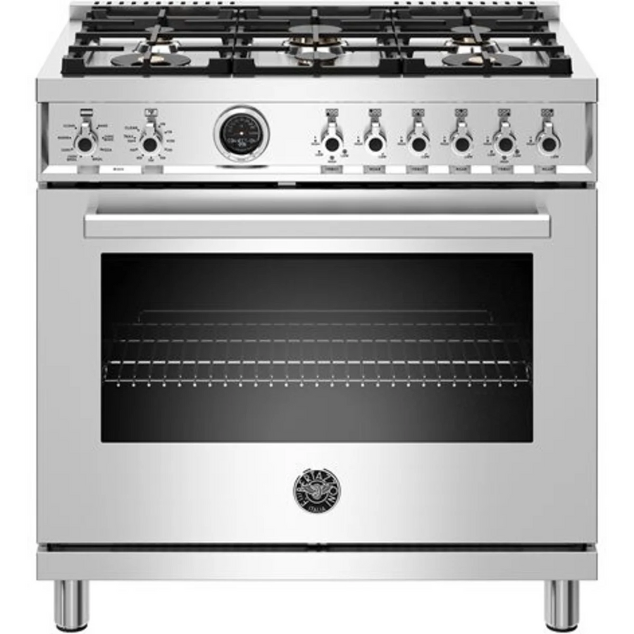 Bertazzoni 36 Inch Freestanding Professional Dual Fuel Range with 6 Sealed Burners, 5.7 Cu. Ft. Oven Capacity, Continuous Grates, Self Clean, Elegant Digital Gauge, and 19000 BTU Power Burners PROF366DFSXT - Scratch & Dent (Minor)