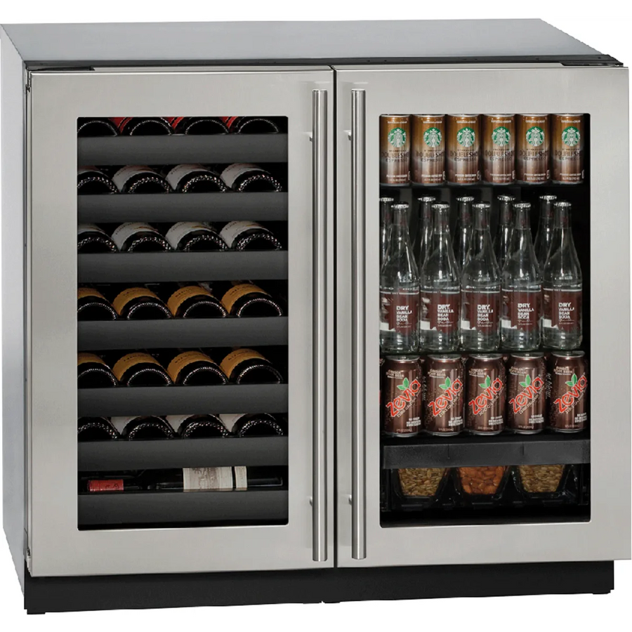 U-Line 36 Inch Built-in Beverage Center and Wine Storage with 31 Wine Bottle Capacity, 79 12 oz. Bottle Capacity, 123 12 oz. Can Capacity, LED Theater Lighting, Dual Zone Temperature, and Sabbath Mode U-3036BVWCS - Scratch & Dent (Moderate)