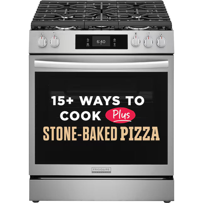 Frigidaire Gallery Stone-Baked Pizza 5 Burners 6-cu ft Air Fry Convection Oven Slide-In Natural Gas Range in Smudge-Proof Stainless Steel 20531SD495 - GCFG3070BF - Open Box