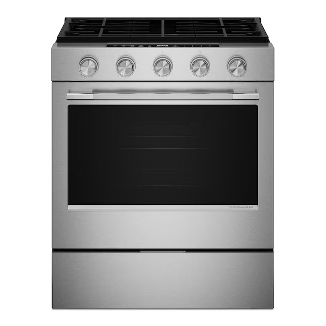 KitchenAid 30-in 5 burners 5-cu ft Air Fry Convection Oven Slide-in Natural Gas in PrintShield Stainless Finish KSGS430SPS - Open Box
