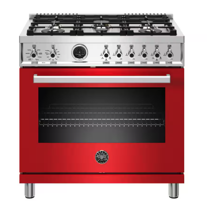 Bertazonni Professional Series 36" 5.7 cu. ft. Dual Fuel Range with Dual Convection Oven, 6 Brass Burners, and Soft-Close Oven Door in Red PROF366DFSROT - Open Box