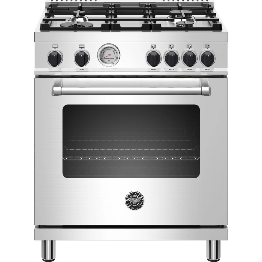 Bertazzoni 30 Inch Gas Range with 4 Aluminum Burners, 4.7 Cu. Ft Oven Capacity, Cast Iron Grates, Convection Bake, Soft Motion Doors, 19000 BTU Power Burner, Infrared Gas Broiler MAST304GASXV - Scratch & Dent (Minor)