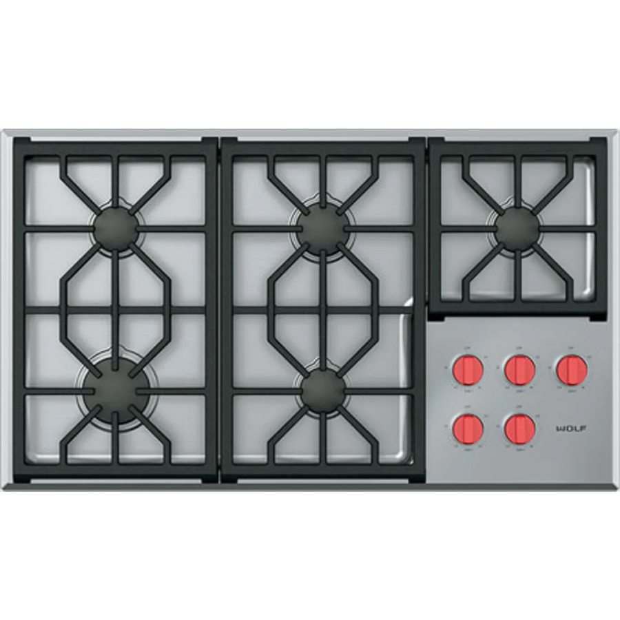 Wolf 36 Inch Gas Cooktop with 5 Dual-Stacked Sealed Burners, Continuous Grates, True Simmer Settings, Automatic Reignition, and Illuminated Controls CG365PS - Open Box