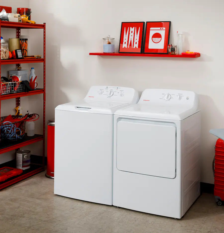 Hotpoint® 4.0 cu. ft. Capacity Washer with Cold Plus and Water Level Control HTW265ASWWW - Scratch & Dent (Moderate) and Hotpoint 6.2 cu. ft. Capacity Electric Dryer with Up To 120 ft. Venting and Shallow Depth HTX26EASWWW - Open Box