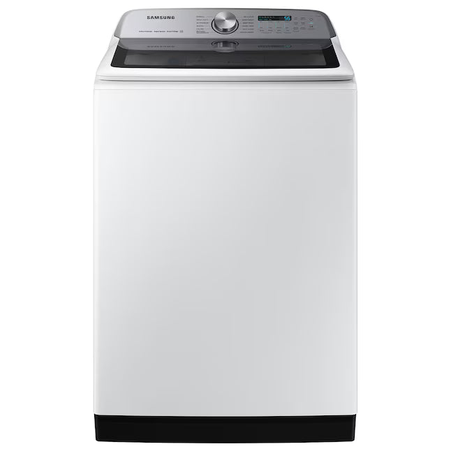 Samsung 5.2 cu. ft. Large Capacity Smart Top Load Washer with Super Speed Wash in White WA52DG5500AW - Scratch & Dent (Minor) and Samsung White Smart Electric 7.4 Cu. Ft. Dryer with Sensor Dry and Steam Sanitize+ DVE52A5500W - Scratch & Dent (Moderate)
