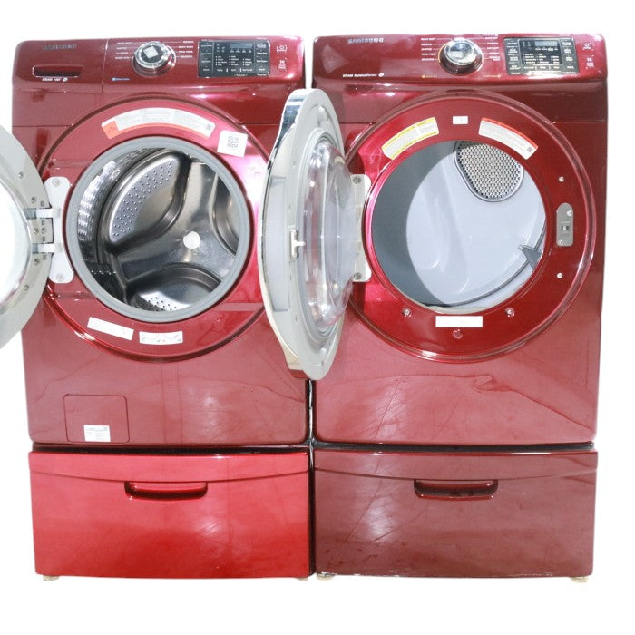 Pictures of Merlot Samsung Frontload ENERGY STAR 4.2 cu ft Washer on Pedestals with Steam Wash and Merlot Samsung Frontload Electric Dryer on Pedestals - Certified Refurbished - Neu Appliance Outlet - Discount Appliance Outlet in Austin, Tx