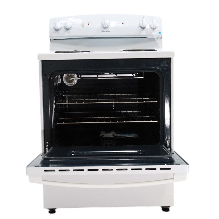 Pictures of Hotpoint White 30-in 4 Burners 5-cu ft Freestanding Electric Range with Sensi Temp Technology - Open Box - Neu Appliance Outlet - Discount Appliance Outlet in Austin, Tx