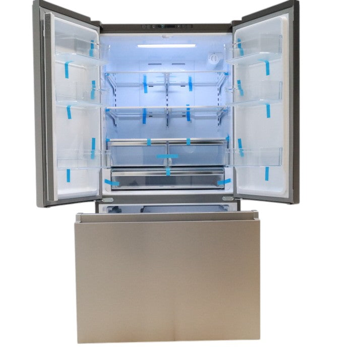 Fingerprint Resistant Brushed Steel ENERGY STAR Hisense 26.6 cu. ft. 3 Door French Door Refrigerator with Icemaker and Internal Water Dispenser - Scratch & Dent - Minor