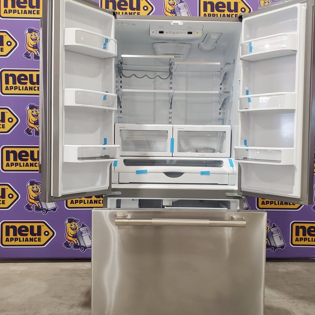 Pictures of JennAir RISE 21.9 Cu. Ft. French Door Counter-Depth Refrigerator with Gourmet Bay Drawer and TriSensor Climate Control in Stainless Steel JFFCF72DKL - Scratch & Dent (Minor) - Neu Appliance Outlet - Discount Appliance Outlet in Austin, Tx