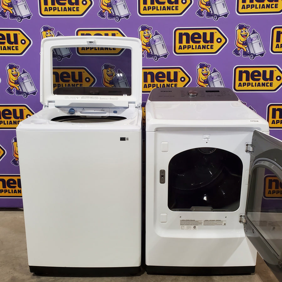 Samsung 5.2 cu. ft. Large Capacity Smart Top Load Washer with Super Speed Wash in White WA52DG5500AW - Open Box and Samsung White Smart Electric 7.4 Cu. Ft. Dryer with Sensor Dry and Steam Sanitize+ 16212 - DVE52A5500W - Scratch & Dent (Minor)