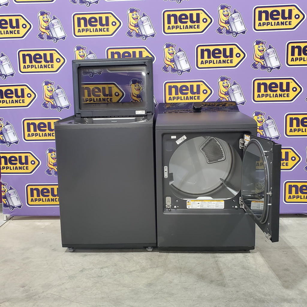 Pictures of LG 5.3 cu. ft. Smart Top Load Washer with 4-Way® Agitator, TurboWash3D Technology, and AI Sensing EasyUnload™ WT8405CB - Open Box and LG 7.3 cu. ft. Rear Control Electric Dryer with LG EasyLoad™ Door and AI Sensing DLE8400BE - Open Box - Neu Appliance Outlet - Discount Appliance Outlet in Austin, Tx