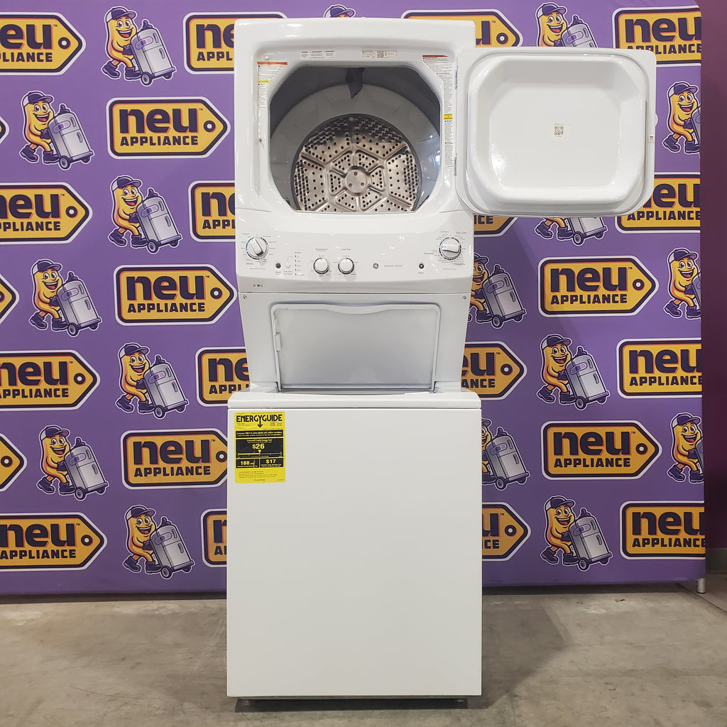 GE Unitized Spacemaker® 3.8 cu. ft. Capacity Washer with Stainless Steel Basket and 5.9 cu. ft. Capacity Electric Dryer 9SD054 - GUD27ESSMWW - Scratch & Dent (Minor)