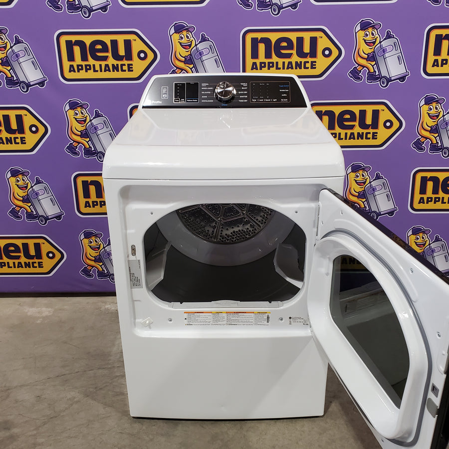 GE Profile 7.4 cu. ft. Smart Electric Dryer in White with Steam, Sanitize Cycle, and Sensor Dry, ENERGY STAR PTD70EBSTWS- Scratch & Dent (Moderate)