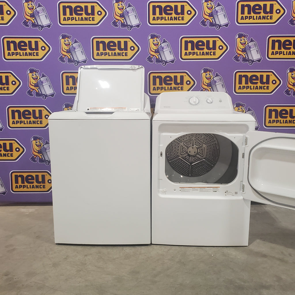 Pictures of Hotpoint Top Load 3.8 Cu. Ft. Washer with Stainless Steel Basket and Heavy Duty Agitator HTW240ASKWS and Hotpoint Electric Vented 6.2 Cu. Ft. Dryer with Aluminized Alloy Drum HTX24EASKWS - Certified Refurbished - Neu Appliance Outlet - Discount Appliance Outlet in Austin, Tx