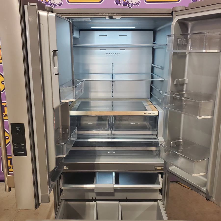 KitchenAid 36 in. 30 cu. ft. Standard Depth French Door Refrigerator in PrintShield Stainless with Exterior Water and Ice KRFF436SPS - Scratch & Dent (Minor)