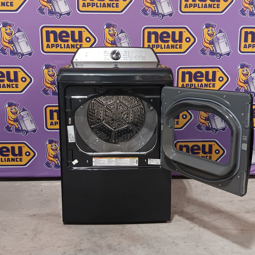GE PTD60EBPRDG Black appliance component on a purple surface with 'neu appliance' branding.