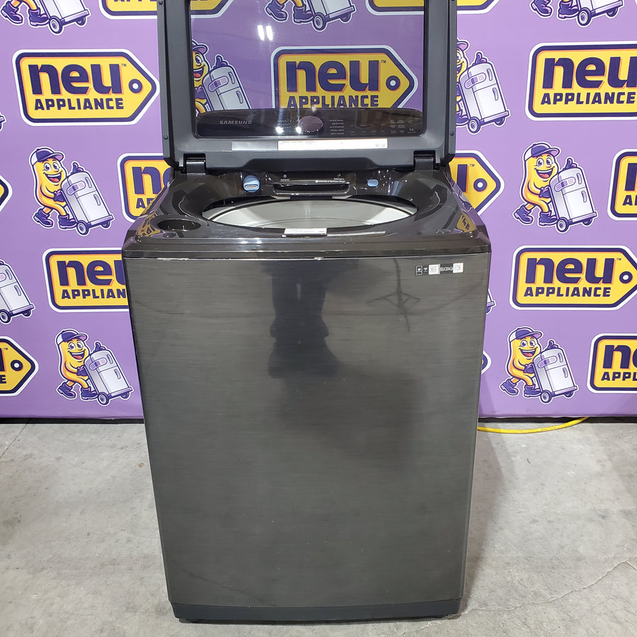 Samsung 5.1 cu. ft. Smart Top Load Washer with ActiveWave™ Agitator and Super Speed Wash WA51A5505AV - Certified Refurbished and Samsung 7.4 Cu. Ft. Smart Electric Dryer with Steam Sanitize+ in Black 16298 - DVE55CG7100V - Scratch & Dent (Minor)