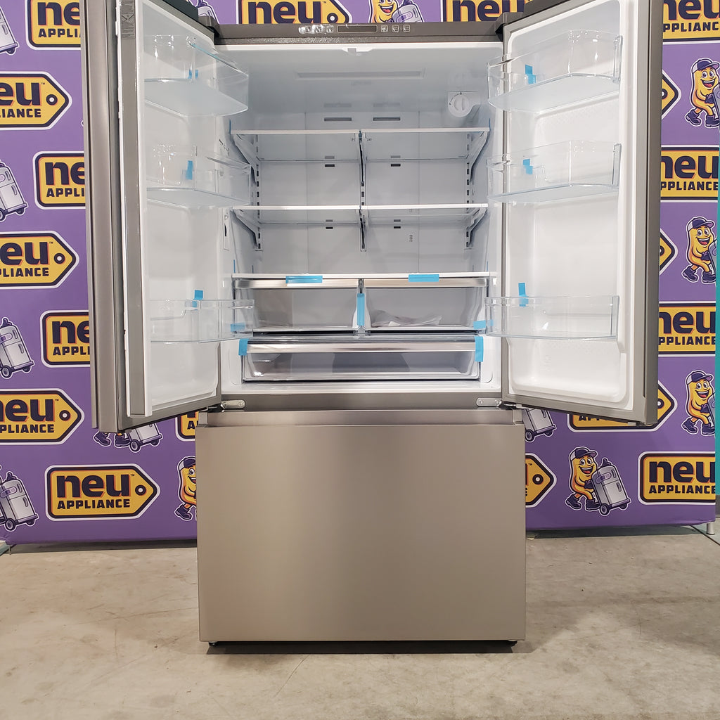 Pictures of Fingerprint Resistant Brushed Steel ENERGY STAR Hisense 26.6 cu. ft. 3 Door French Door Refrigerator with Icemaker and Internal Water Dispenser - Open Box - Neu Appliance Outlet - Discount Appliance Outlet in Austin, Tx