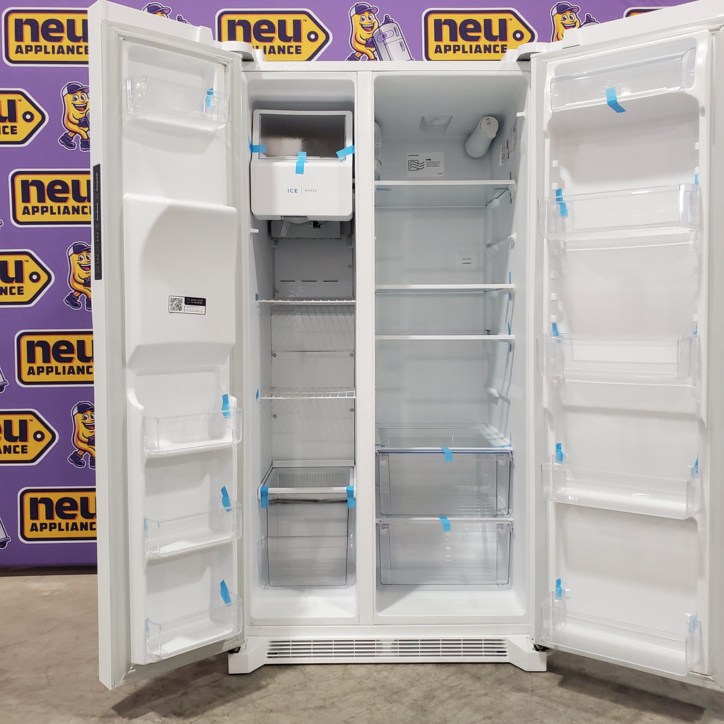 Pictures of Frigidaire 36" Wide 25.6 cu. ft. Side by Side Refrigerator in White with Exterior Ice and Water Dispenser FRSS2623AW - Open Box - Neu Appliance Outlet - Discount Appliance Outlet in Austin, Tx