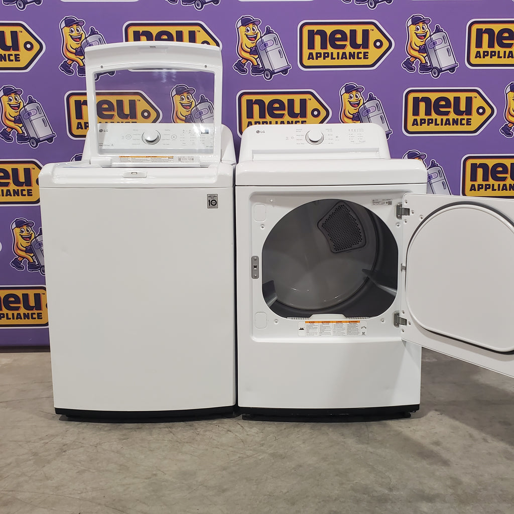 Pictures of LG White Top Load 4.5 Cu. Ft. Washer with NeveRust Drum and TurboDrum Technology WT7000CW - Certified Refurbished and LG 7.3 Cu. Ft. Electric Rear Control Ultra Large Capacity Dryer in White with Sensor Dry 16037 - DLE6100W - Certified Refurbished - Neu Appliance Outlet - Discount Appliance Outlet in Austin, Tx