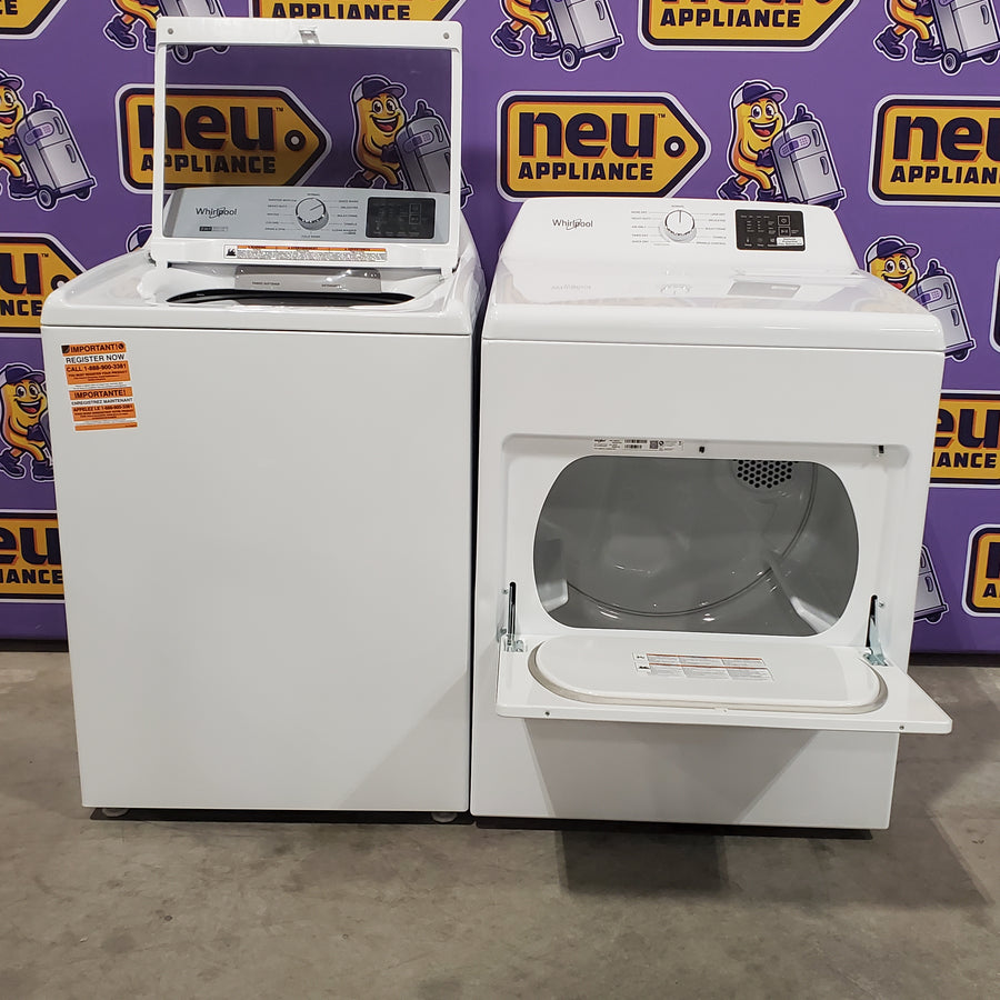 Whirlpool 4.2-4.3 Cu. Ft. Top Load Washer with 2-in-1 Removable Agitator and Soft Close Glass Lid WTW4307SW - Open Box and Whirlpool 7.0 cu. ft. Electric Dryer with Adaptive Dry and Wrinkle Shield™ Option 16121 - WED4307SW - Scratch & Dent (Minor)