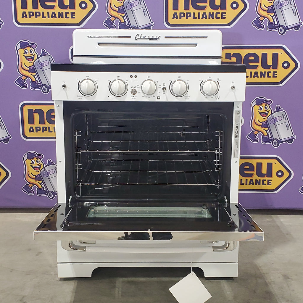 Unique Classic Retro 30-in Glass Top 5 Burners 3.9-cu ft Convection Oven Freestanding Electric Range with WipeClean Coating 3SD872 - UGP-30CR EC W - Open Box