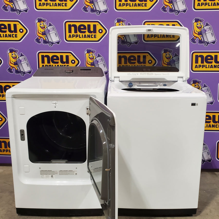 Samsung 5.2 cu. ft. Large Capacity Smart Top Load Washer with Super Speed Wash in White WA52DG5500AW - Open Box and Samsung White Smart Electric 7.4 Cu. Ft. Dryer with Sensor Dry and Steam Sanitize+ 16179 - DVE52A5500W - Scratch & Dent - Minor (Copy)