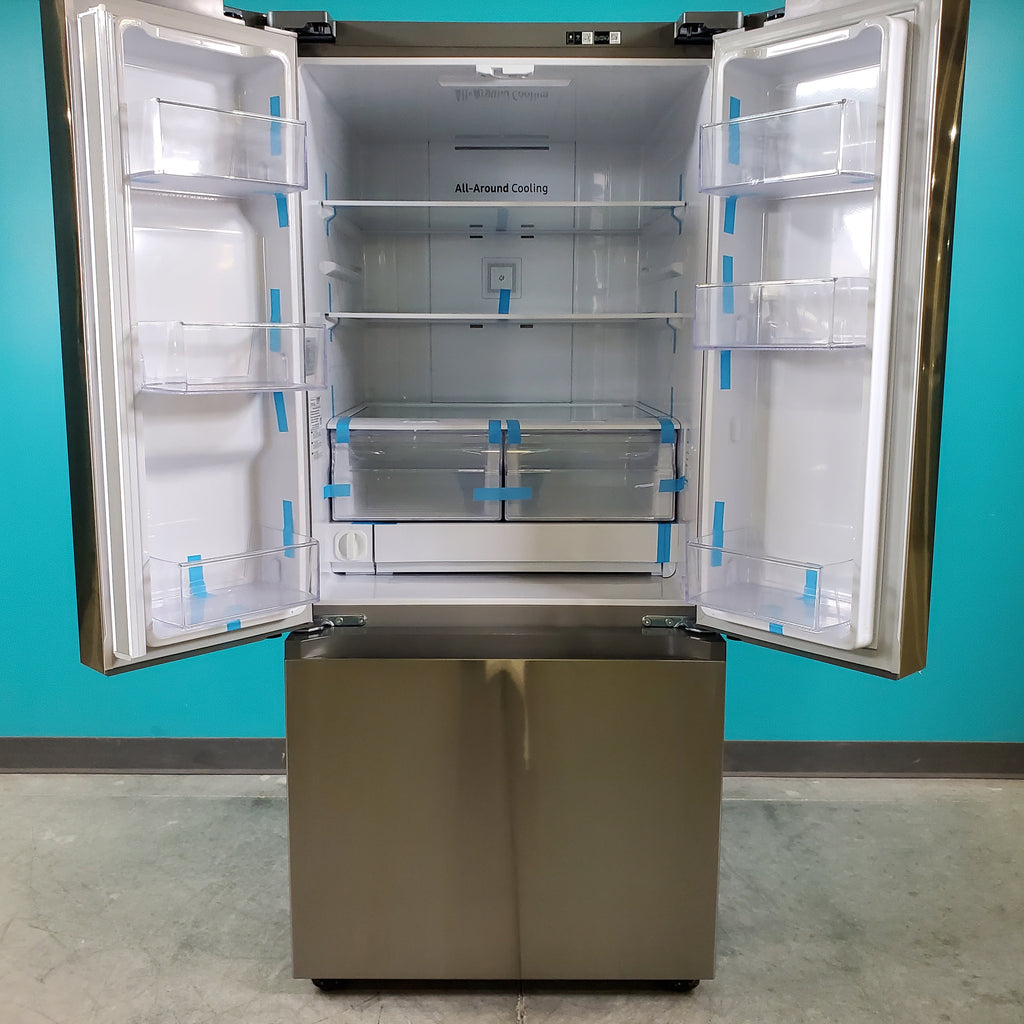 Pictures of 30 in. Stainless Steel ENERGY STAR Samsung 22 cu. ft. 3 Door French Door Refrigerator with Exterior Water and Ice - Scratch & Dent - Minor - Neu Appliance Outlet - Discount Appliance Outlet in Austin, Tx