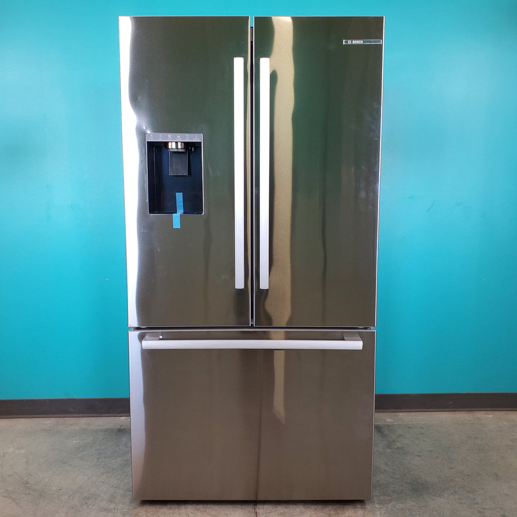 Pictures of Stainless Steel Counter Depth Bosch 500 Series 21.6 cu. ft. 3 Door French Door Refrigerator with Exterior Water and Ice - Scratch & Dent - Minor - Neu Appliance Outlet - Discount Appliance Outlet in Austin, Tx