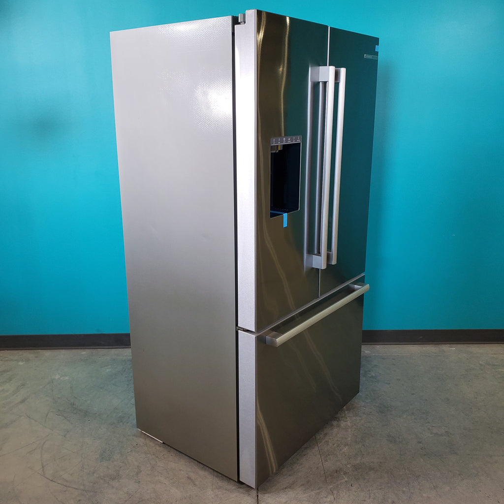 Pictures of Stainless Steel Counter Depth Bosch 500 Series 21.6 cu. ft. 3 Door French Door Refrigerator with Exterior Water and Ice - Scratch & Dent - Minor - Neu Appliance Outlet - Discount Appliance Outlet in Austin, Tx