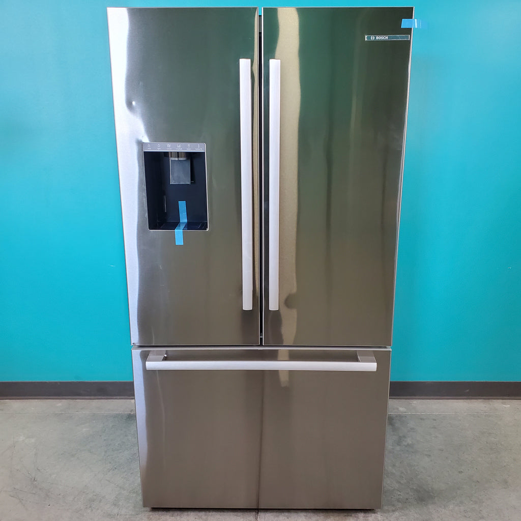 Pictures of Stainless Steel Counter Depth Bosch 500 Series 21.6 cu. ft. 3 Door French Door Refrigerator with Exterior Water and Ice - Scratch & Dent - Minor - Neu Appliance Outlet - Discount Appliance Outlet in Austin, Tx