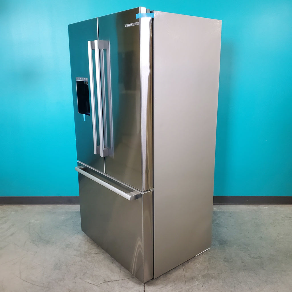 Pictures of Stainless Steel Counter Depth Bosch 500 Series 21.6 cu. ft. 3 Door French Door Refrigerator with Exterior Water and Ice - Scratch & Dent - Minor - Neu Appliance Outlet - Discount Appliance Outlet in Austin, Tx