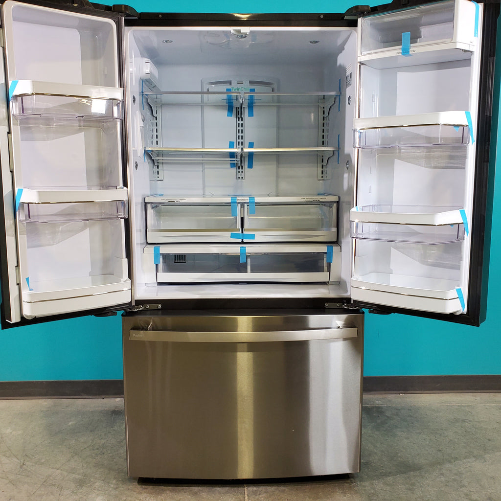 Pictures of Counter Depth Stainless Steel ENERGY STAR GE Profile 23.1 cu. ft. 3 Door French Door Refrigerator with Internal Water Dispenser- Scratch & Dent - Minor - Neu Appliance Outlet - Discount Appliance Outlet in Austin, Tx