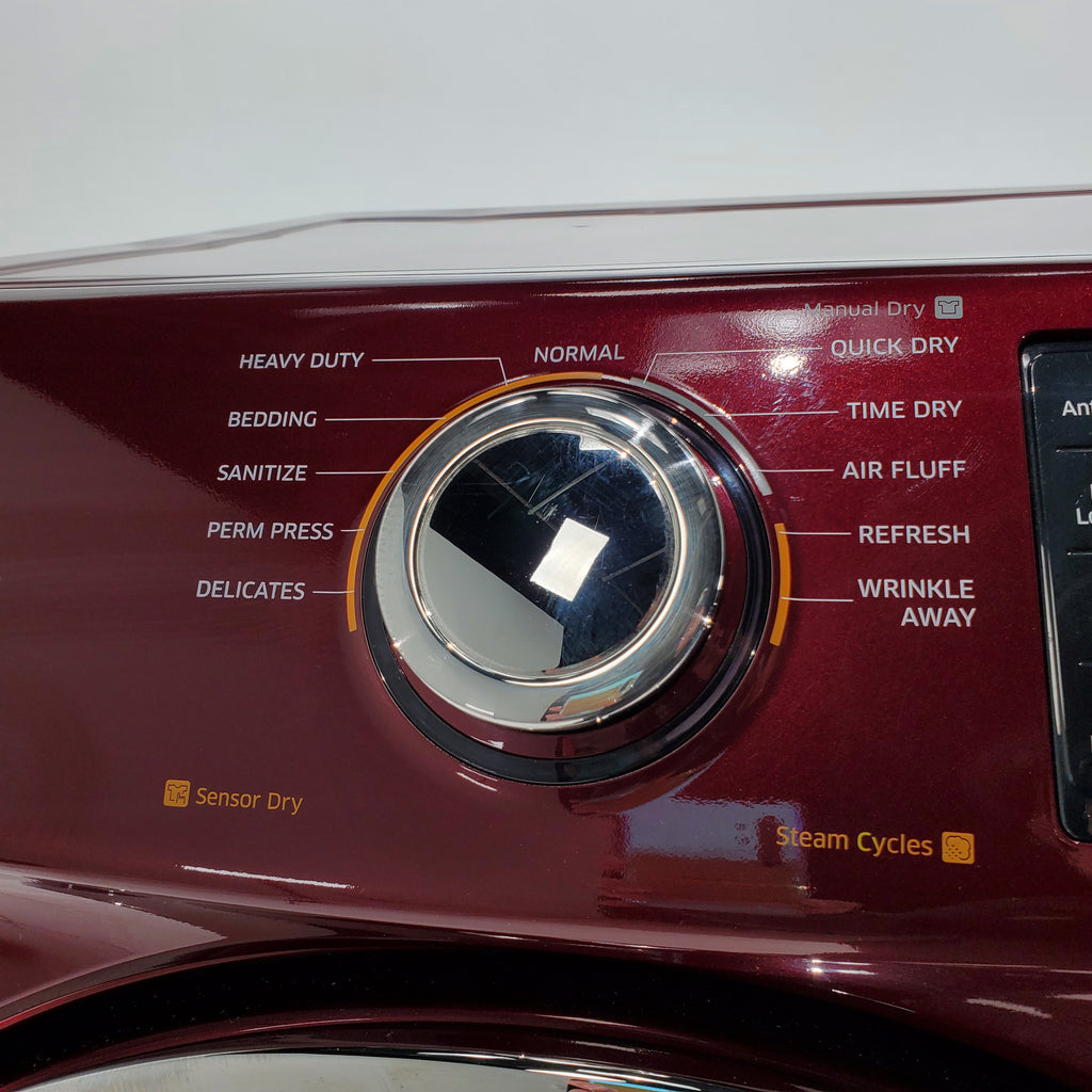 Pictures of HE Merlot Samsung 7.2 cu. ft. Electric Steam Dryer With Moisture Sensor-Dry Technology on Pedestal- Certified Refurbished - Neu Appliance Outlet - Discount Appliance Outlet in Austin, Tx