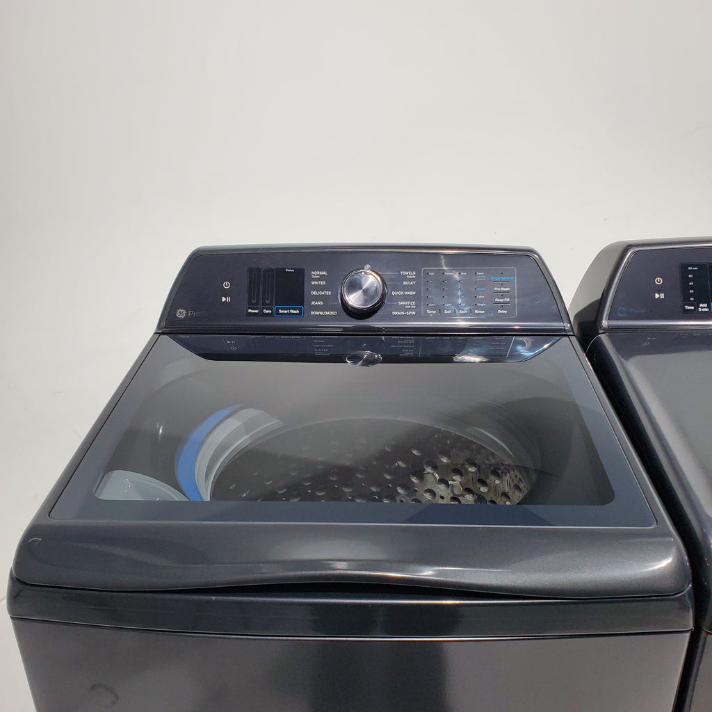 Pictures of Diamond Gray GE Profile 5.4 cu. ft. Top Load Washing Machine with FlexDispense and 7.4 cu. ft. Gas Dryer with Steam - Scratch & Dent - Moderate - Neu Appliance Outlet - Discount Appliance Outlet in Austin, Tx