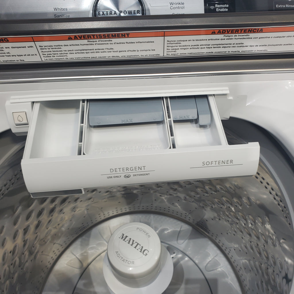 Pictures of Maytag ENERGY STAR 5.2 cu. ft. Top Load Agitator Washing Machine with Extra Power Button and ENERGY STAR Maytag Smart Capable 7.4 cu. ft. Electric Steam Dryer with Extra Power Button - Scratch & Dent - Minor - Neu Appliance Outlet - Discount Appliance Outlet in Austin, Tx