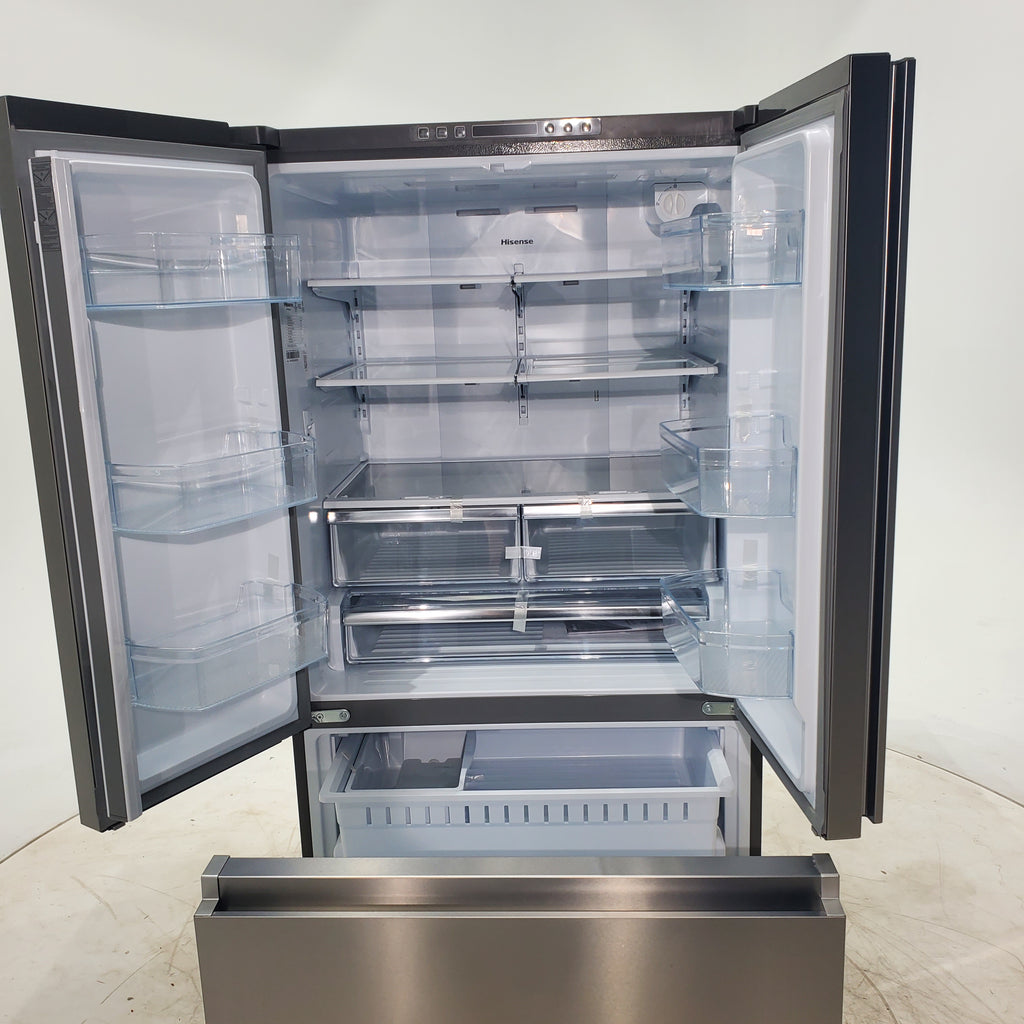 Pictures of Fingerprint Resistant Brushed Steel ENERGY STAR Hisense 26.6 cu. ft. 3 Door French Door Refrigerator with Icemaker and Internal Water Dispenser - Scratch & Dent - Minor - Neu Appliance Outlet - Discount Appliance Outlet in Austin, Tx