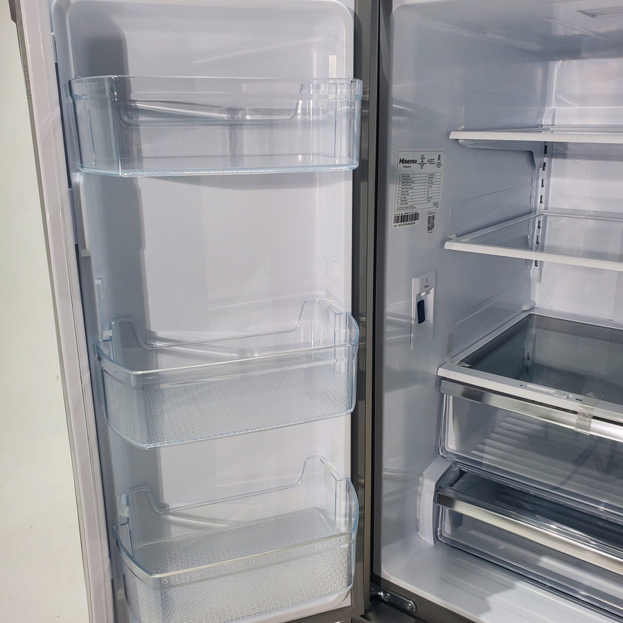 Fingerprint Resistant Brushed Steel ENERGY STAR Hisense 26.6 cu. ft. 3 Door French Door Refrigerator with Icemaker and Internal Water Dispenser - Scratch & Dent - Minor