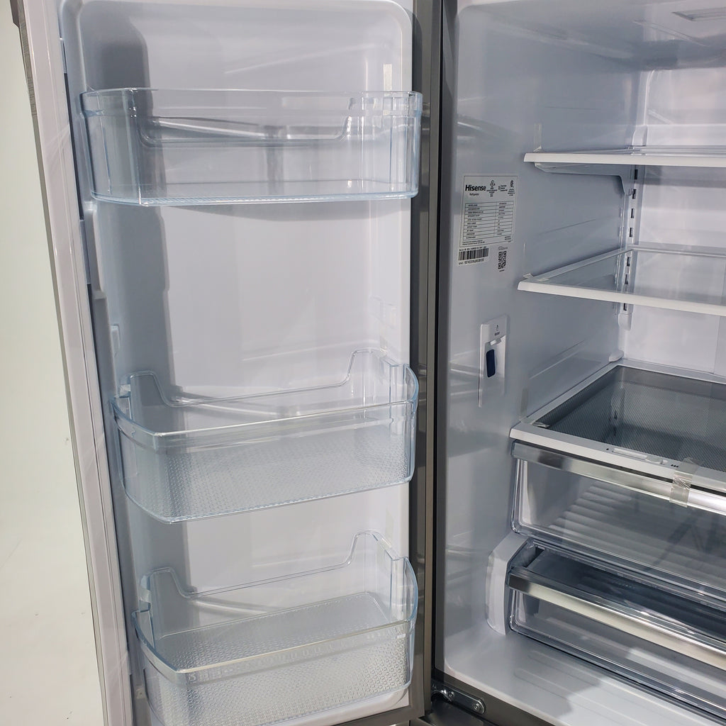 Pictures of Fingerprint Resistant Brushed Steel ENERGY STAR Hisense 26.6 cu. ft. 3 Door French Door Refrigerator with Icemaker and Internal Water Dispenser - Scratch & Dent - Minor - Neu Appliance Outlet - Discount Appliance Outlet in Austin, Tx
