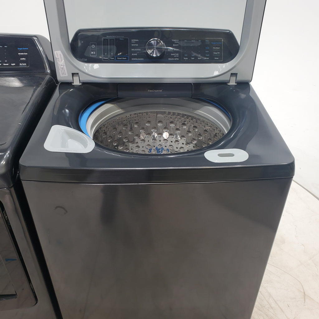 Pictures of Diamond Gray ENERGY STAR GE Profile 5.4 cu. ft. Top Load Washing Machine with FlexDispense and Diamond Gray ENERGY STAR GE Profile 7.4 cu. ft. Gas Dryer with Steam - Scratch & Dent - Moderate - Neu Appliance Outlet - Discount Appliance Outlet in Austin, Tx