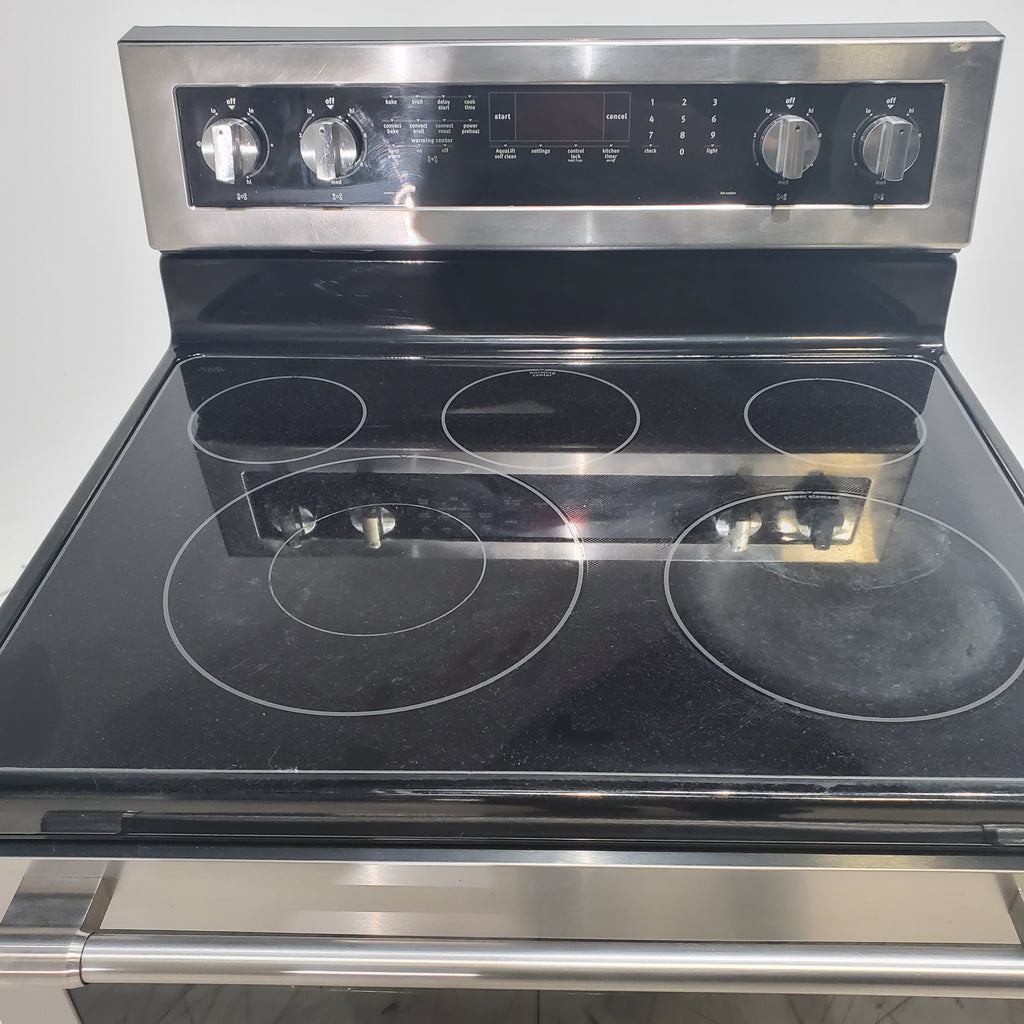 Pictures of Fingerprint-Resistant Stainless Steel Maytag 6.4 cu. ft. Freestanding 5 Heating Elements Smooth Cooktop Electric Range with Convection - Certified Refurbished - Neu Appliance Outlet - Discount Appliance Outlet in Austin, Tx