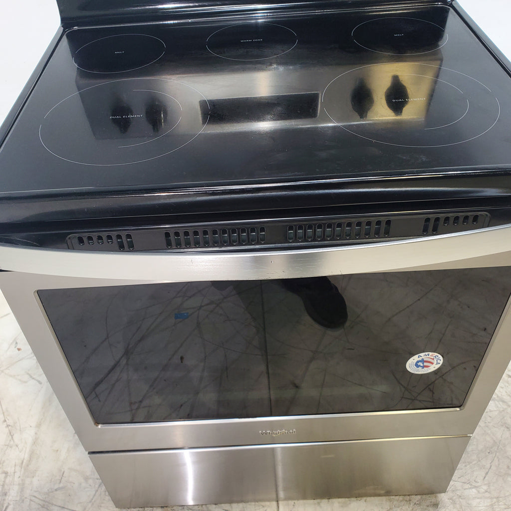 Pictures of Black-on-Stainless Steel Whirlpool 5.3 cu. ft. Freestanding 5 Heating Element Smooth Cooktop Range with Frozen Bake Technology - Scratch & Dent - Minor - Neu Appliance Outlet - Discount Appliance Outlet in Austin, Tx