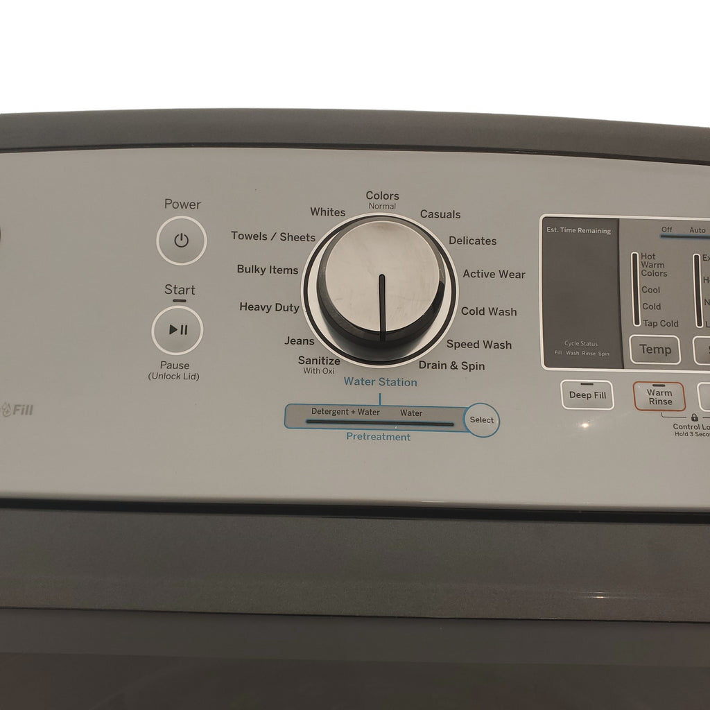 Pictures of Diamond Gray ENERGY STAR GE 5.0 cu. ft. Top Load Washing Machine with Water Station and ENERGY STAR GE 7.4 cu. ft. Steam Electric Dryer with My Cycle - Certified Refurbished - Neu Appliance Outlet - Discount Appliance Outlet in Austin, Tx