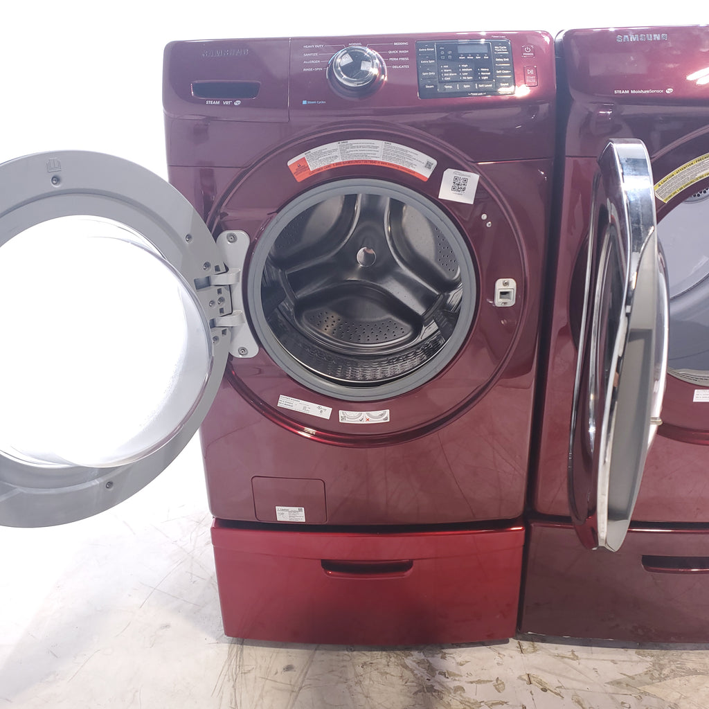 Pictures of Merlot Samsung Frontload ENERGY STAR 4.2 cu ft Washer on Pedestals with Steam Wash and Merlot Samsung Frontload Electric Dryer on Pedestals - Certified Refurbished - Neu Appliance Outlet - Discount Appliance Outlet in Austin, Tx