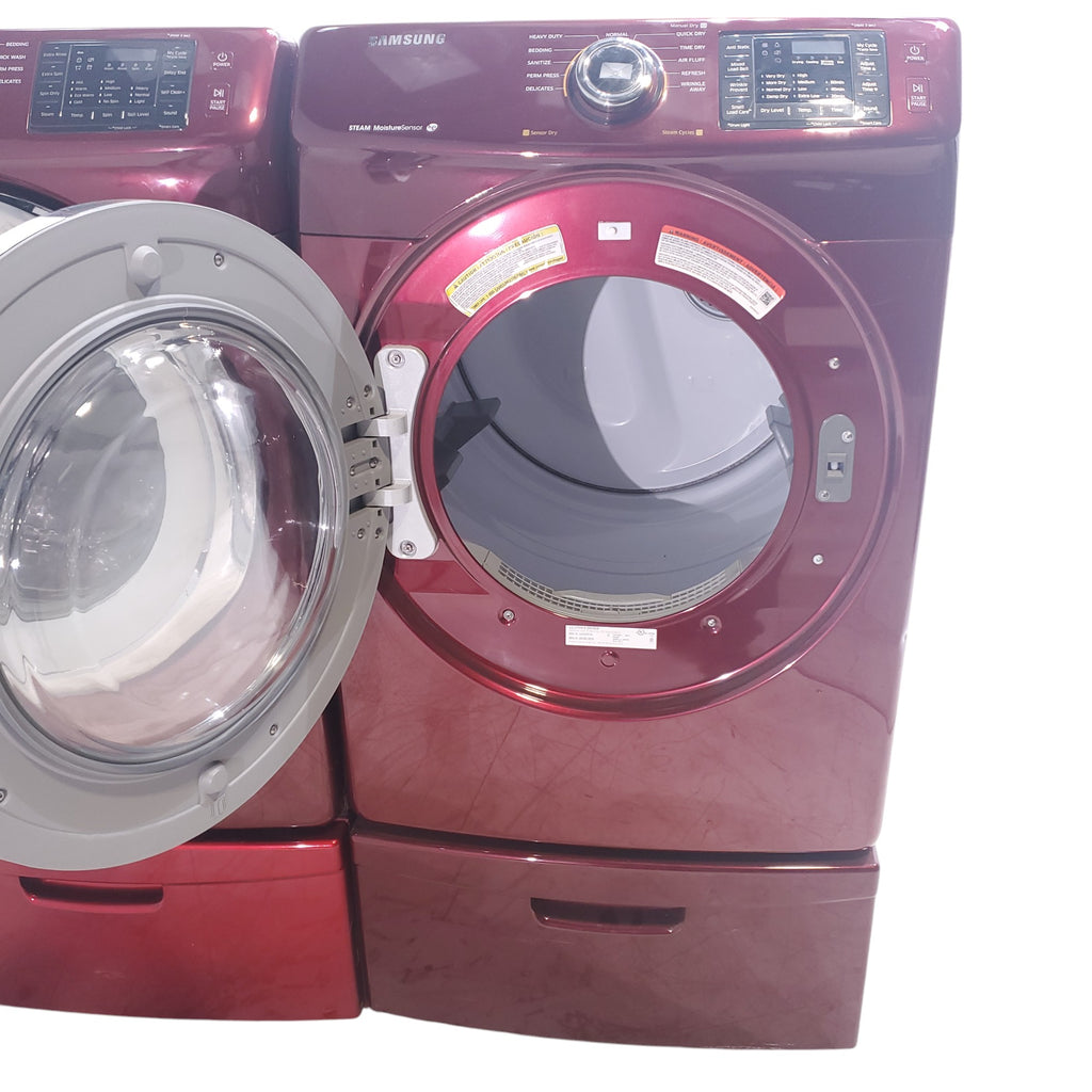 Pictures of Merlot Samsung Frontload ENERGY STAR 4.2 cu ft Washer on Pedestals with Steam Wash and Merlot Samsung Frontload Electric Dryer on Pedestals - Certified Refurbished - Neu Appliance Outlet - Discount Appliance Outlet in Austin, Tx