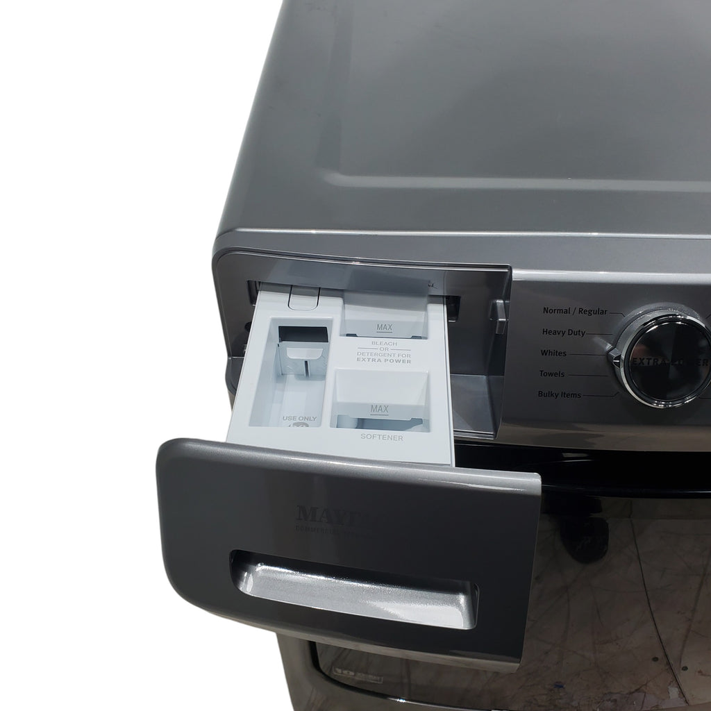 Pictures of Maytag Metallic Slate 4.5-cu ft High Efficiency ENERGY STAR Stackable Steam Cycle Front-Load Washer with Maytag® Commercial Technology and Maytag 7.3-cu ft Stackable Vented ENERGY STAR Electric Dryer - Scratch & Dent - Minor - Neu Appliance Outlet - Discount Appliance Outlet in Austin, Tx