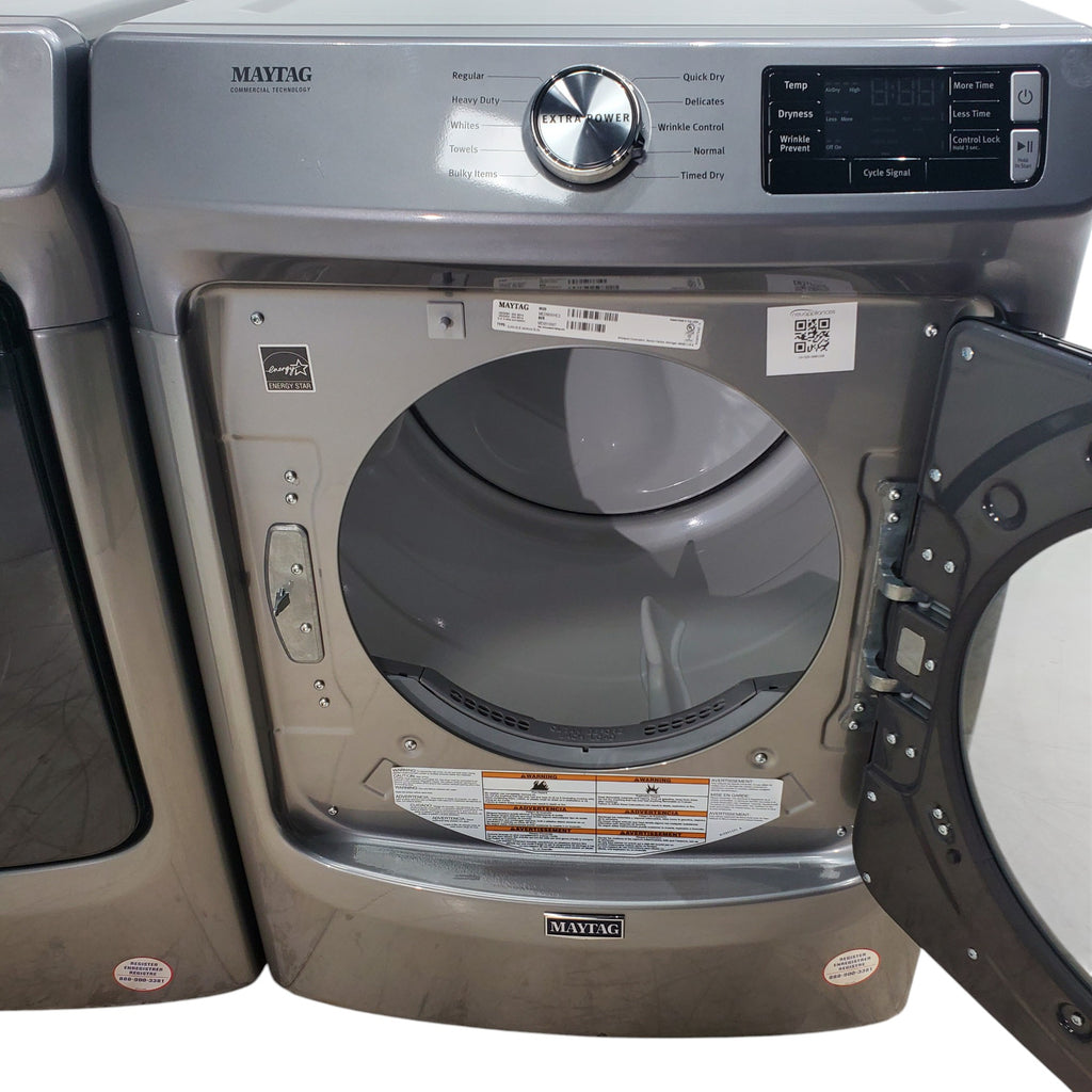 Pictures of Maytag Metallic Slate 4.5-cu ft High Efficiency ENERGY STAR Stackable Steam Cycle Front-Load Washer with Maytag® Commercial Technology and Maytag 7.3-cu ft Stackable Vented ENERGY STAR Electric Dryer - Scratch & Dent - Minor - Neu Appliance Outlet - Discount Appliance Outlet in Austin, Tx