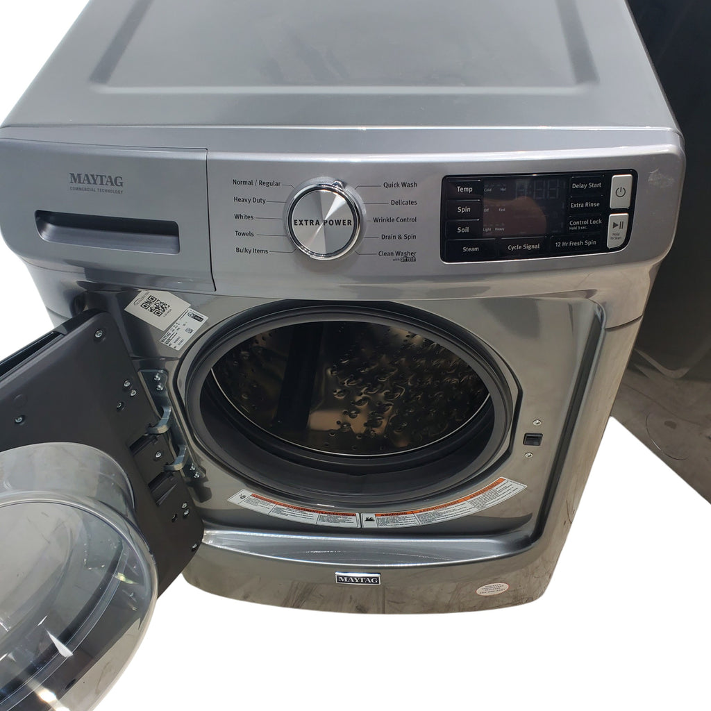 Pictures of Maytag Metallic Slate 4.5-cu ft High Efficiency ENERGY STAR Stackable Steam Cycle Front-Load Washer with Maytag® Commercial Technology and Maytag 7.3-cu ft Stackable Vented ENERGY STAR Electric Dryer - Open Box - Neu Appliance Outlet - Discount Appliance Outlet in Austin, Tx
