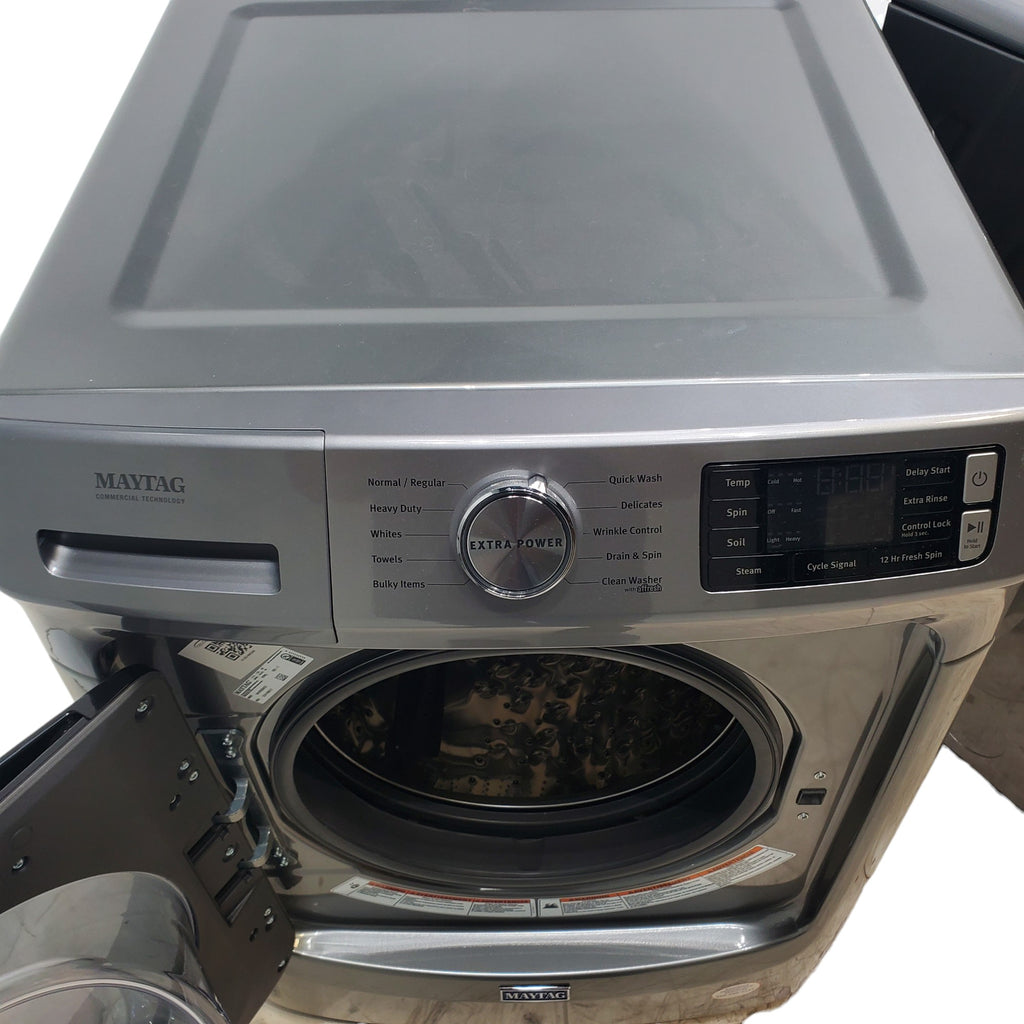 Pictures of Maytag Metallic Slate 4.5-cu ft High Efficiency ENERGY STAR Stackable Steam Cycle Front-Load Washer with Maytag® Commercial Technology and Maytag 7.3-cu ft Stackable Vented ENERGY STAR Electric Dryer - Open Box - Neu Appliance Outlet - Discount Appliance Outlet in Austin, Tx